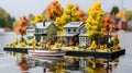 AI generated illustration of Aa small boat docked in front of a tiny house on a picturesque island Royalty Free Stock Photo