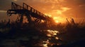 AI-generated illustration of an abandoned bridge lit up by the setting sun