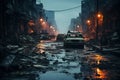 AI-generated illustration of an abandoned city street, covered in dirt and mud