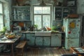 AI generated illustration of an abandoned and cluttered vintage kitchen in disarray