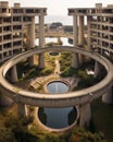 AI generated illustration of an abandoned concrete circular building