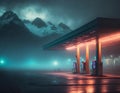 AI-generated illustration of an abandoned gas station at night with mountains in the background Royalty Free Stock Photo