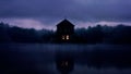 AI-generated illustration of an abandoned house near a lake under the clouds at night Royalty Free Stock Photo