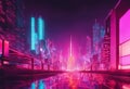 an abstract city with neon lights and reflections on the ground Royalty Free Stock Photo