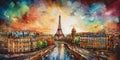 AI generated illustration of an abstract colorful Paris city with the Eiffel tower in the center Royalty Free Stock Photo