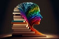 AI generated illustration of an abstract colorful person overflowing with knowledge because of books