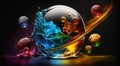 AI generated illustration of an abstract glimmering spheres of multicolored water droplets