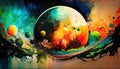 AI generated illustration of an abstract painting featuring a vibrant array of planets and stars