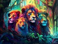 AI generated illustration of an abstract painting of three lions in a lunch rainforest