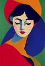 AI generated illustration of an abstract painting of a woman in hat and red dress Royalty Free Stock Photo