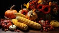AI generated illustration of An abundant harvest of ripe corn, grapes, and pumpkins