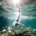 AI generated illustration of an acoustic guitar submerged in the water