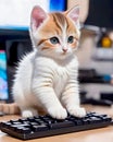 Ai generated illustration of a cute little kitty cat playing video games on his computer