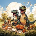 AI generated illustration of an adorable adult dinosaur couple happily feasting on a meal in a lush