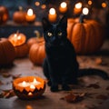 AI generated illustration of A black cat in front of a festive display of Halloween-themed pumpkins Royalty Free Stock Photo