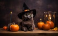 AI Generated Illustration Of Adorable Black Cat Wearing A Witch Hat Atop A Wooden Table