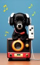 AI generated illustration of an adorable black puppy atop a vintage stereo system