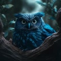 a blue owl sits in the hollow of a tree at night Royalty Free Stock Photo