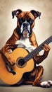 AI generated illustration of an adorable brown boxer strumming an acoustic guitar