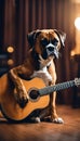 AI generated illustration of an adorable brown boxer strumming an acoustic guitar