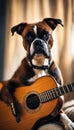 AI generated illustration of an adorable brown boxer strumming an acoustic guitar