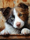 AI-generated illustration of An adorable brown and white pooch is perched atop a rustic wooden shelf Royalty Free Stock Photo