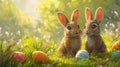 AI generated illustration of adorable bunnies lounging amidst Easter eggs and lush green grass