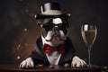 AI generated illustration of an adorable canine in formal attire, wearing a suit and bow ti