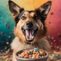 AI generated illustration of an adorable canine with its mouth wide in front of a bowl of cereal