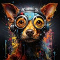 A Dog Wearing Headphones And Glasses With A Bright Paint Splat Background
