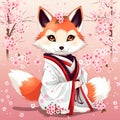 AI generated illustration of an adorable cartoon red fox wearing a traditional Asian kimono