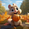 AI generated illustration of an adorable cartoon squirrel holding a bright orange pumpkin