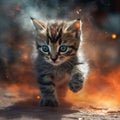 AI generated illustration of An adorable cat runs across a dirt surface