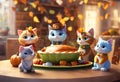 AI generated illustration of adorable cats surrounding a cooked Thanksgiving turkey