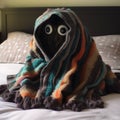 AI generated illustration of an adorable cryptid covered in a blanket sitting on bed Royalty Free Stock Photo