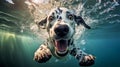 AI generated illustration of an adorable Dalmatian dog swimming underwater