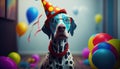 AI generated illustration of an adorable Dalmatian puppy wearing a festive birthday hat and glasses