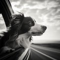 AI generated illustration of an adorable dog with its head sticking out of a car window