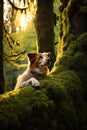 AI generated illustration of An adorable dog on the mossy and an old tree