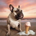 AI generated illustration of an adorable dog sits in the sand of a beach, near an ice cream cone Royalty Free Stock Photo