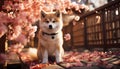 AI generated illustration of an adorable dog sitting under the pink cherry blossomed tree Royalty Free Stock Photo