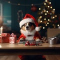 dog in a santa outfit sitting at table with christmas presents Royalty Free Stock Photo