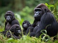 AI generated illustration of an adorable family of gorillas sitting in a grassy area Royalty Free Stock Photo