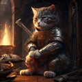 AI generated illustration of an adorable fluffy cat in a suit of armor