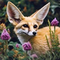 AI generated illustration of adorable fox lounging on a lush bed of wildflowers in a sunny park