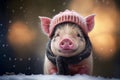 AI generated illustration of an adorable furry piglet in a pink hat and a scarf in winter