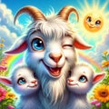 AI generated illustration of adorable goats against a colorful rainbow backdrop Royalty Free Stock Photo