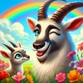 AI generated illustration of adorable goats against a colorful rainbow backdrop Royalty Free Stock Photo