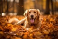 AI generated illustration of an adorable golden retriever sprawls in a pile of autumn leaves