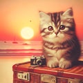 AI generated illustration of an adorable gray kitten atop a vintage brown leather suitcase